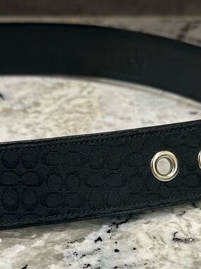 Coach Black Logo-Pattern Belt with Silver Eyelets